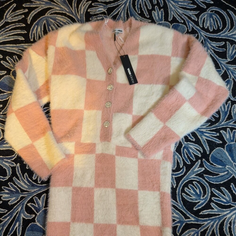 Fashion Nova Faye Fuzzy Sweater Mini Dress - Pink Checkered Women's 2xl Nwt